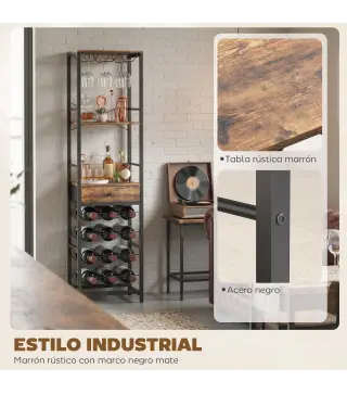 Mueble de Bar para Vinos con Soporte de Copas y Cajón Botellero para 12 Botellas con Estante Abierto Marrón Rústico