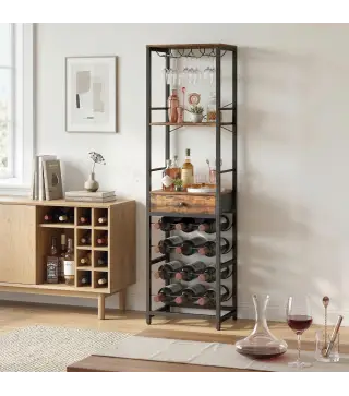Mueble de Bar para Vinos con Soporte de Copas y Cajón Botellero para 12 Botellas con Estante Abierto Marrón Rústico