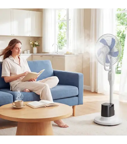 Ventilador Nebulizador 90W Oscilación de 70° 3 Velocidades 5 Aspas Depósito de Agua de 3,5L 5 Ruedas Blanco