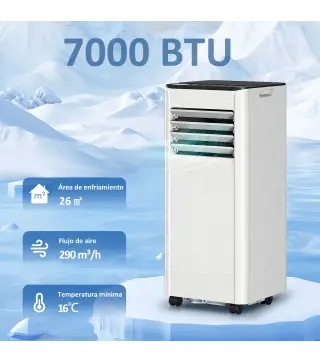 Aire Acondicionado Portátil 7000 BTU 4 en 1 Enfriamiento Deshumidificador Ventilador Temporizador para 26 m² Blanco