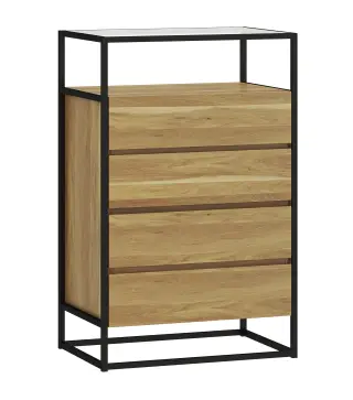 Cómoda Dormitorio con 4 Cajones Superficie de Vidrio Templado Estante Abierto Estructura de Acero 60x40x94,5 cm Teca