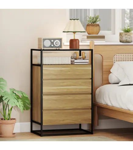 Cómoda Dormitorio con 4 Cajones Superficie de Vidrio Templado Estante Abierto Estructura de Acero 60x40x94,5 cm Teca