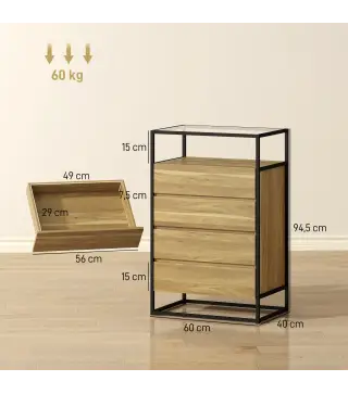 Cómoda Dormitorio con 4 Cajones Superficie de Vidrio Templado Estante Abierto Estructura de Acero 60x40x94,5 cm Teca