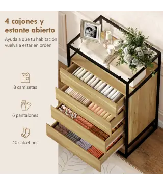 Cómoda Dormitorio con 4 Cajones Superficie de Vidrio Templado Estante Abierto Estructura de Acero 60x40x94,5 cm Teca
