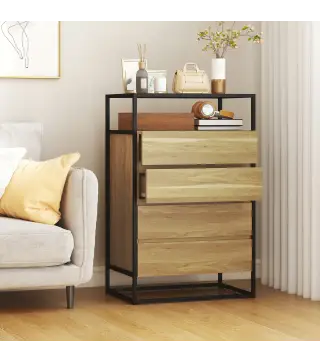 Cómoda Dormitorio con 4 Cajones Superficie de Vidrio Templado Estante Abierto Estructura de Acero 60x40x94,5 cm Teca