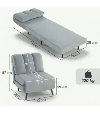 Sillón Cama Individual 3 en 1 Sofá Cama Plegable con Respaldo Ajustable y Cojín Grueso para Salón 72x88x87 cm Gris