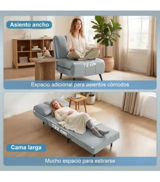 Sillón Cama Individual 3 en 1 Sofá Cama Plegable con Respaldo Ajustable y Cojín Grueso para Salón 72x88x87 cm Gris