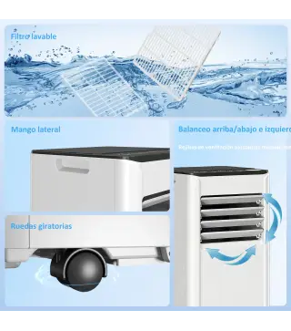 Aire Acondicionado Portátil 9000 BTU 4 en 1 Enfriamiento Deshumidificador Ventilador Temporizador para 28 m² Blanco