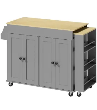 Isla de Cocina con Ruedas Encimera Extensible 4 Puertas Estantes Ajustables Especiero y Soporte para Toallas Gris