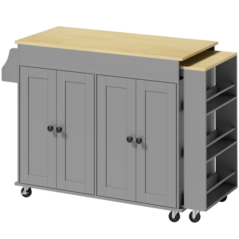 Isla de Cocina con Ruedas Encimera Extensible 4 Puertas Estantes Ajustables Especiero y Soporte para Toallas Gris