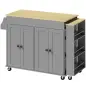 Isla de Cocina con Ruedas Encimera Extensible 4 Puertas Estantes Ajustables Especiero y Soporte para Toallas Gris