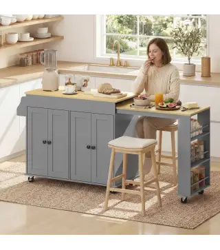 Isla de Cocina con Ruedas Encimera Extensible 4 Puertas Estantes Ajustables Especiero y Soporte para Toallas Gris