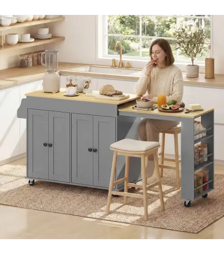 Isla de Cocina con Ruedas Encimera Extensible 4 Puertas Estantes Ajustables Especiero y Soporte para Toallas Gris