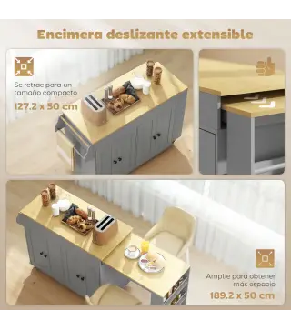 Isla de Cocina con Ruedas Encimera Extensible 4 Puertas Estantes Ajustables Especiero y Soporte para Toallas Gris