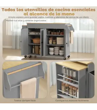 Isla de Cocina con Ruedas Encimera Extensible 4 Puertas Estantes Ajustables Especiero y Soporte para Toallas Gris