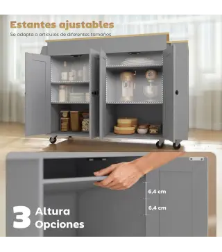 Isla de Cocina con Ruedas Encimera Extensible 4 Puertas Estantes Ajustables Especiero y Soporte para Toallas Gris
