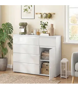Aparador de Salón con 5 Cajones Estantes Ajustables Puerta de Cierre Suave 100x40x80 cm Blanco Brillo