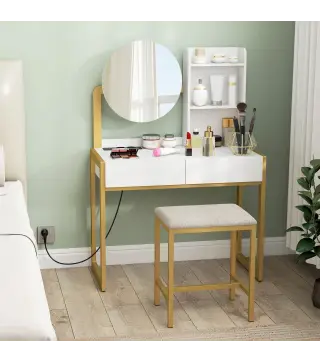 Tocador de Maquillaje con Espejo y Taburete Acolchado Estación de Carga 2 Cajones 3 Estantes para Dormitorio Blanco