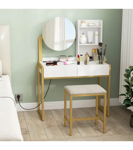 Tocador de Maquillaje con Espejo y Taburete Acolchado Estación de Carga 2 Cajones 3 Estantes para Dormitorio Blanco
