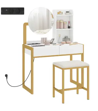 Tocador de Maquillaje con Espejo y Taburete Acolchado Estación de Carga 2 Cajones 3 Estantes para Dormitorio Blanco