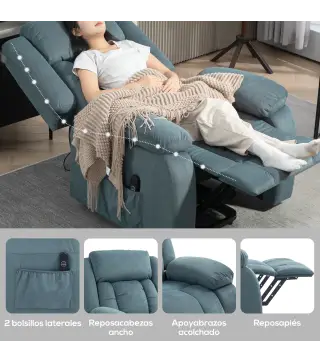 Sillón Relax Reclinable Eléctrico Levanta Personas con Puerto USB Control Remoto Asiento Ancho Reposapiés Azul
