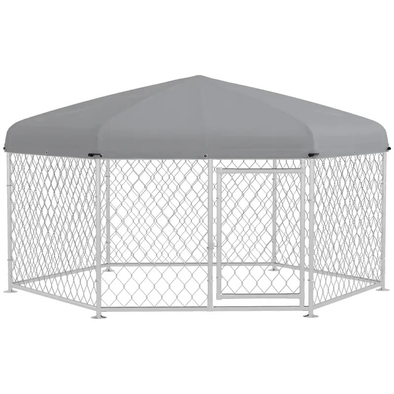Jaula para Perros Hexagonal con Puerta Marco de Acero Galvanizado y Toldo Impermeable y Anti-UV 210x185x150 cm Plata