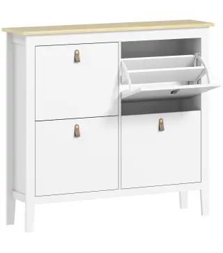 Zapatero Estrecho con 4 Compartimentos y Tiradores de Cuero PU para Pasillo y Recibidor 105x24x95,5 cm Blanco y Madera