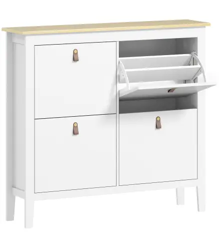 Zapatero Estrecho con 4 Compartimentos y Tiradores de Cuero PU para Pasillo y Recibidor 105x24x95,5 cm Blanco y Madera