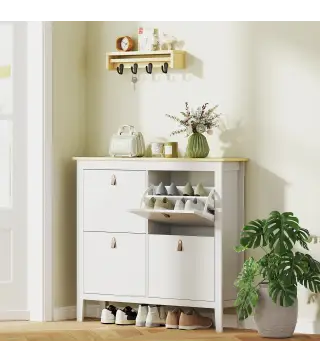 Zapatero Estrecho con 4 Compartimentos y Tiradores de Cuero PU para Pasillo y Recibidor 105x24x95,5 cm Blanco y Madera