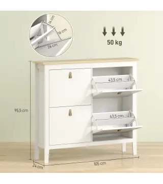 Zapatero Estrecho con 4 Compartimentos y Tiradores de Cuero PU para Pasillo y Recibidor 105x24x95,5 cm Blanco y Madera