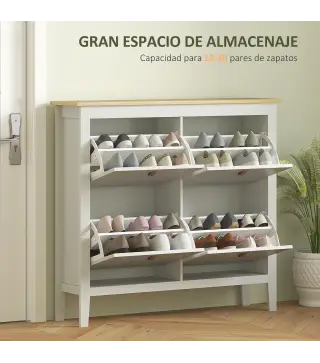 Zapatero Estrecho con 4 Compartimentos y Tiradores de Cuero PU para Pasillo y Recibidor 105x24x95,5 cm Blanco y Madera