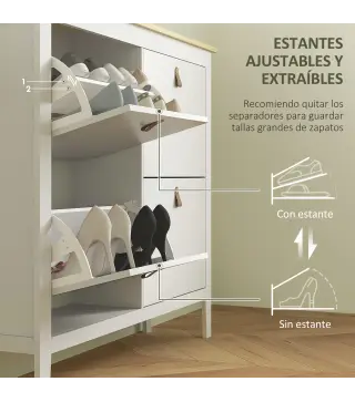 Zapatero Estrecho con 4 Compartimentos y Tiradores de Cuero PU para Pasillo y Recibidor 105x24x95,5 cm Blanco y Madera