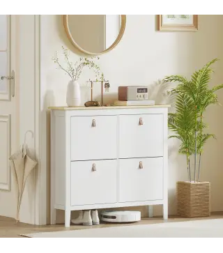 Zapatero Estrecho con 4 Compartimentos y Tiradores de Cuero PU para Pasillo y Recibidor 105x24x95,5 cm Blanco y Madera