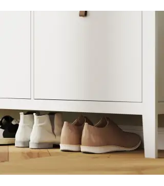 Zapatero Estrecho con 4 Compartimentos y Tiradores de Cuero PU para Pasillo y Recibidor 105x24x95,5 cm Blanco y Madera