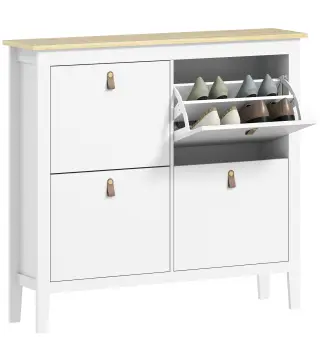 Zapatero Estrecho con 4 Compartimentos y Tiradores de Cuero PU para Pasillo y Recibidor 105x24x95,5 cm Blanco y Madera