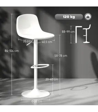 Conjunto 2 Taburetes Altos Ajustables 360° con Respaldo y Reposapiés para Cocina Bar o Comedor 40,5x44x84-104 cm Blanco