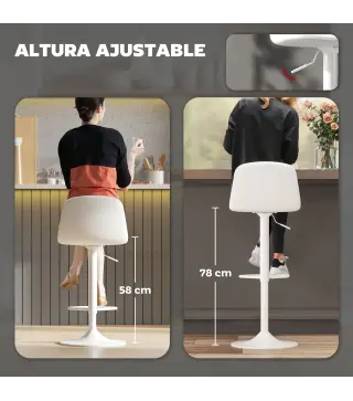 Conjunto 2 Taburetes Altos Ajustables 360° con Respaldo y Reposapiés para Cocina Bar o Comedor 40,5x44x84-104 cm Blanco