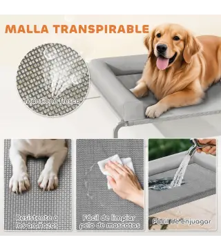 Cama Elevada para Perros Refrescante con Refuerzos Extraíbles Malla Transpirable y Marco de Acero 130x90x30 cm Gris