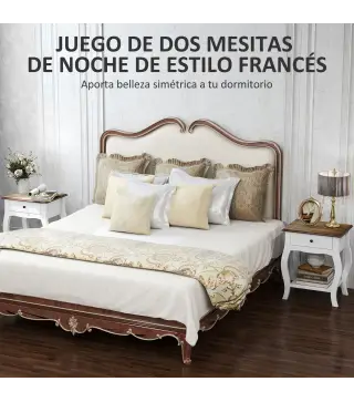 Pack de 2 Mesitas de Noche con Cajón Estante Abierto y Tapa Efecto Roble Estilo Francés 45x35x55 cm Blanco y Roble