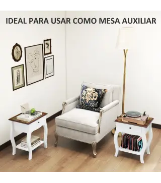 Pack de 2 Mesitas de Noche con Cajón Estante Abierto y Tapa Efecto Roble Estilo Francés 45x35x55 cm Blanco y Roble