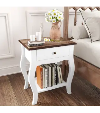 Pack de 2 Mesitas de Noche con Cajón Estante Abierto y Tapa Efecto Roble Estilo Francés 45x35x55 cm Blanco y Roble