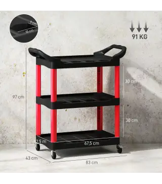 Carro de Herramientas con 3 Estantes Ruedas y Asas para Garaje Mecánico Hogar Carga 91 kg Rojo y Negro