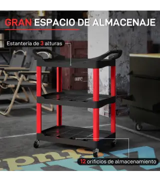 Carro de Herramientas con 3 Estantes Ruedas y Asas para Garaje Mecánico Hogar Carga 91 kg Rojo y Negro
