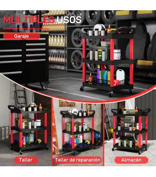 Carro de Herramientas con 3 Estantes Ruedas y Asas para Garaje Mecánico Hogar Carga 91 kg Rojo y Negro