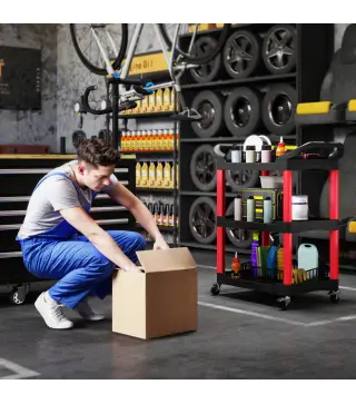 Carro de Herramientas con 3 Estantes Ruedas y Asas para Garaje Mecánico Hogar Carga 91 kg Rojo y Negro