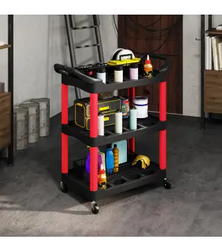 Carro de Herramientas con 3 Estantes Ruedas y Asas para Garaje Mecánico Hogar Carga 91 kg Rojo y Negro