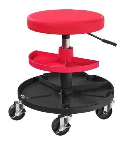 Taburete de Taller Giratorio con Ruedas Altura Ajustable de 40-51 cm y 2 Bandejas Carga 135 kg para Garaje Rojo