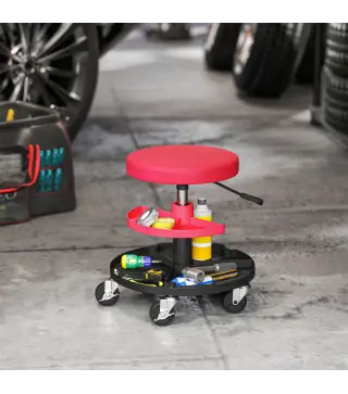 Taburete de Taller Giratorio con Ruedas Altura Ajustable de 40-51 cm y 2 Bandejas Carga 135 kg para Garaje Rojo