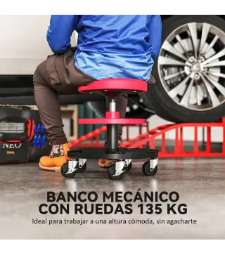 Taburete de Taller Giratorio con Ruedas Altura Ajustable de 40-51 cm y 2 Bandejas Carga 135 kg para Garaje Rojo