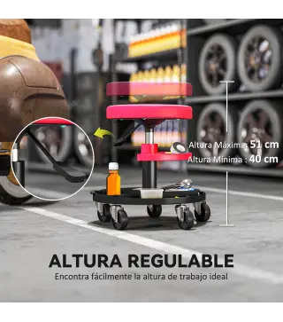 Taburete de Taller Giratorio con Ruedas Altura Ajustable de 40-51 cm y 2 Bandejas Carga 135 kg para Garaje Rojo